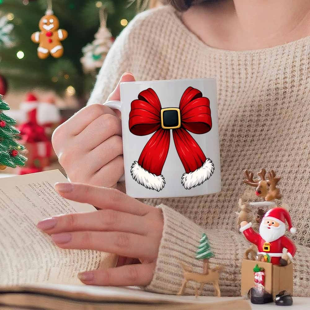 Tailorly White Ceramic 11 oz Mug - Festive Red Velvet Ribbon Featuring Golden Buckle And White Fur Trim Bow