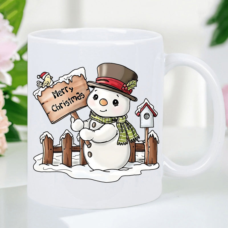 Tailorly White Ceramic 11 oz Mug - Merry Christmas Cheerful Smiling Snowman Holding Wooden Sign Near Rustic Fence And Birdhouse Snowman