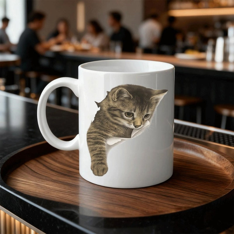 Tailorly White Ceramic 11 oz Mug - Adorable Brown Tabby Peeking Through Realistic Torn White Paper Kitten