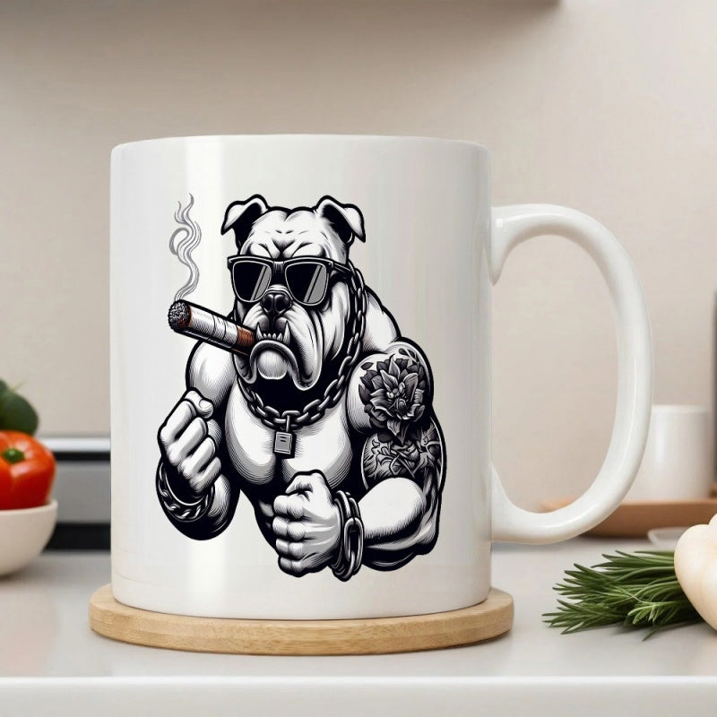 Tailorly White Ceramic 11 oz Mug - Tough Muscular Bulldog Wearing Sunglasses And Smoking A Large Cigar Bulldog