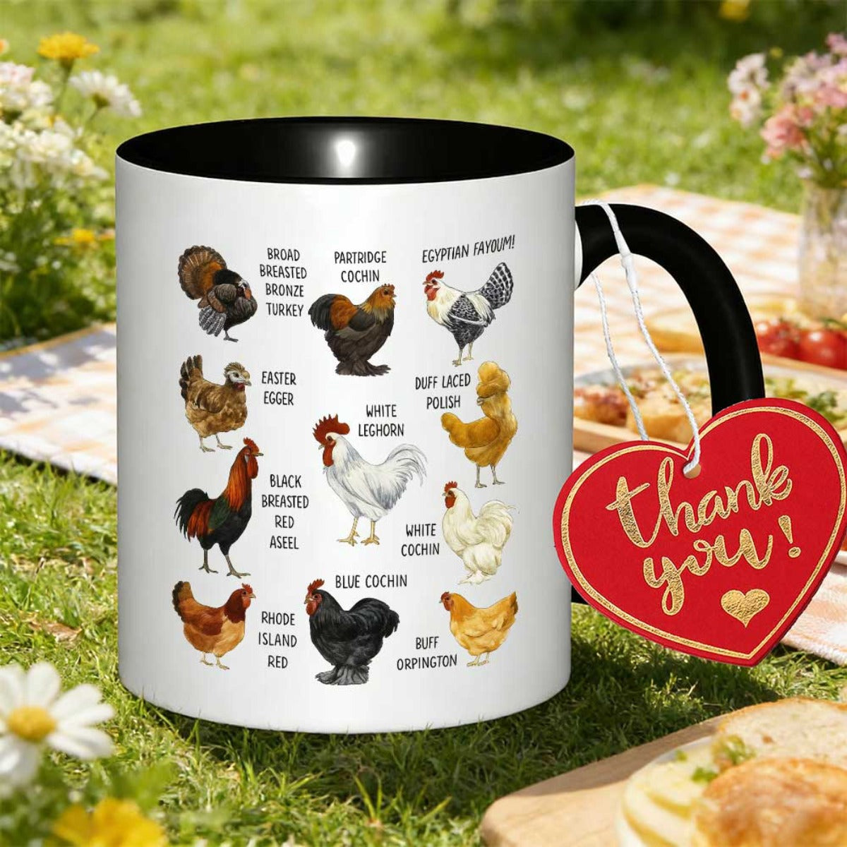 Tailorly Black Accent 11 oz Mug - rooster illustrations labeled chicken breeds