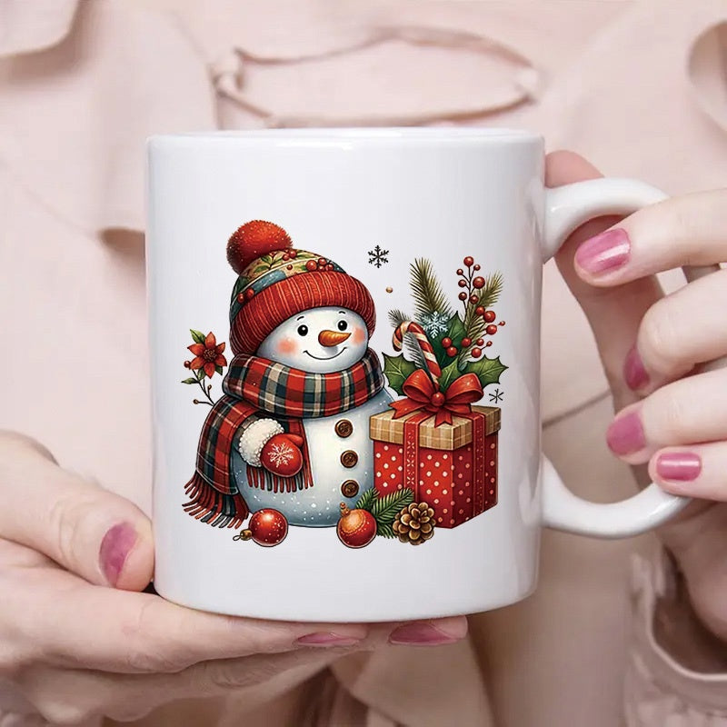Tailorly White Ceramic 11 oz Mug - Charming Winter Snowman Wearing Red Plaid Scarf Beside Festive Gift Box Snowman