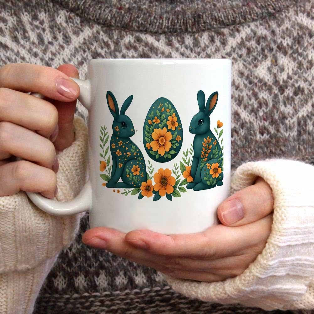 Tailorly White Ceramic 11 oz Mug - Detailed Folk Art Style Teal Bunnies Featuring Vibrant Floral Decorations Rabbit