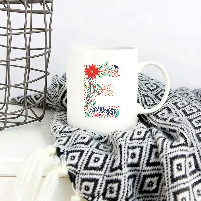 Tailorly White Ceramic 11 oz Mug - Decorative Botanical Design With Vibrant Blossoms Forming A Stylized Alphabet Letter E