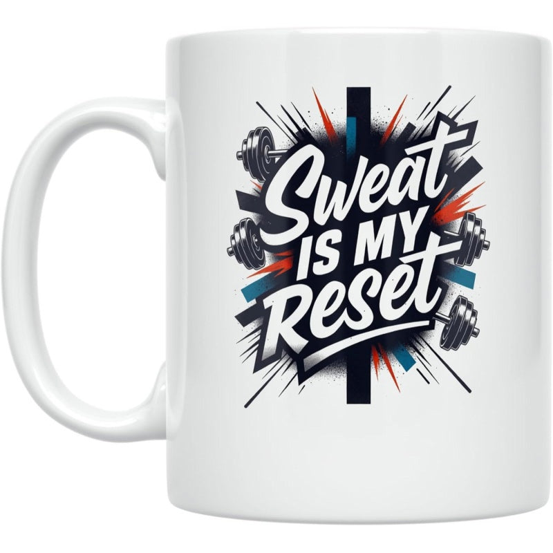 Tailorly White Ceramic 11 oz Mug - Sweat Is My Reset Dynamic Explosive Burst Pattern Featuring Classic Gym Dumbbells And Athletic Lines Dumbbell