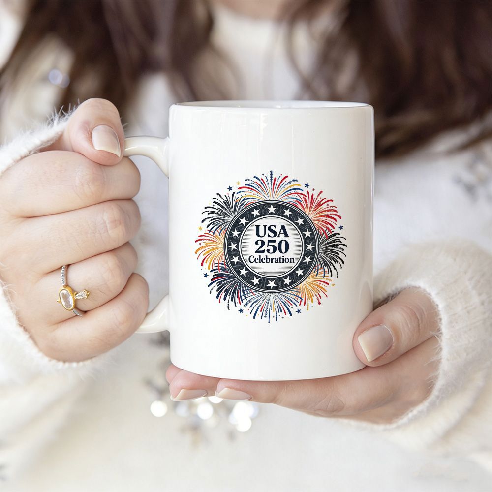 Tailorly White Ceramic 11 oz Mug - USA 250 Celebration Vibrant Festive Fireworks Bursting Around A Star Studded Emblem