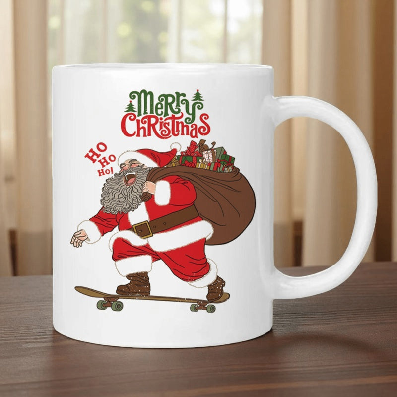Tailorly White Ceramic 11 oz Mug - Merry Christmas Ho Ho Ho Jolly Bearded Santa Riding A Skateboard Carrying Gifts Santa