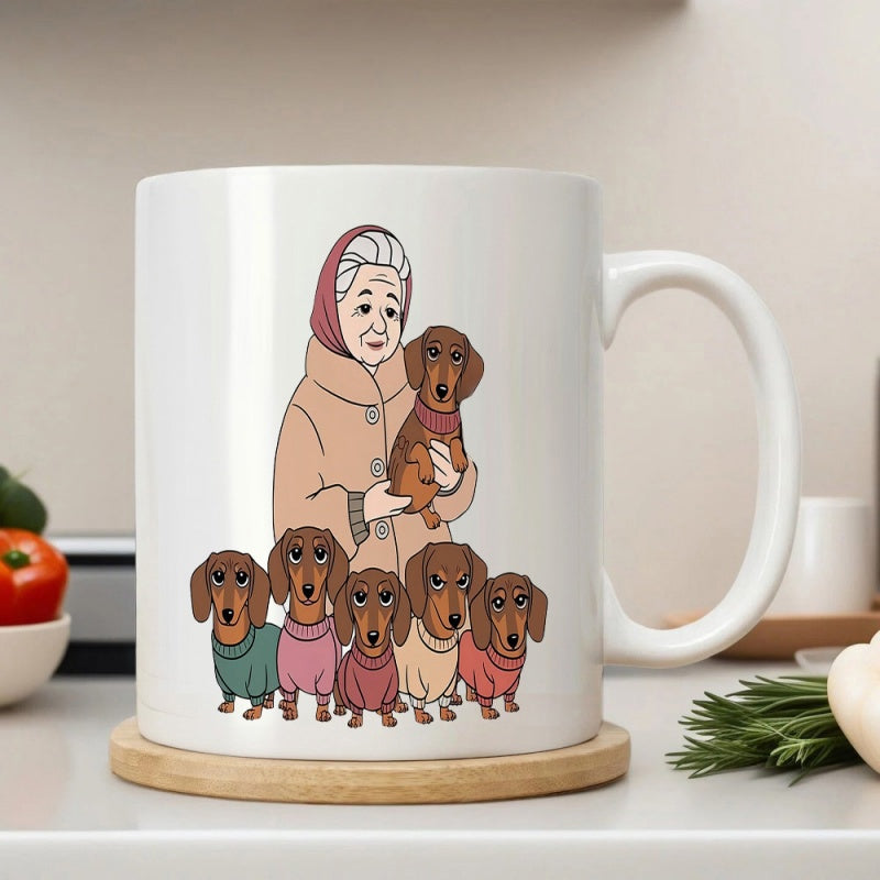 Tailorly White Ceramic 11 oz Mug - Grandmother Holding Puppy Surrounded By Loyal Pups Wearing Colorful Sweaters Dachshund