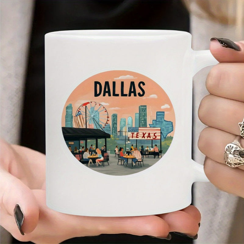 Tailorly White Ceramic 11 oz Mug - Dallas Texas Circular Cityscape Featuring Ferris Wheel And High Rise Skyline
