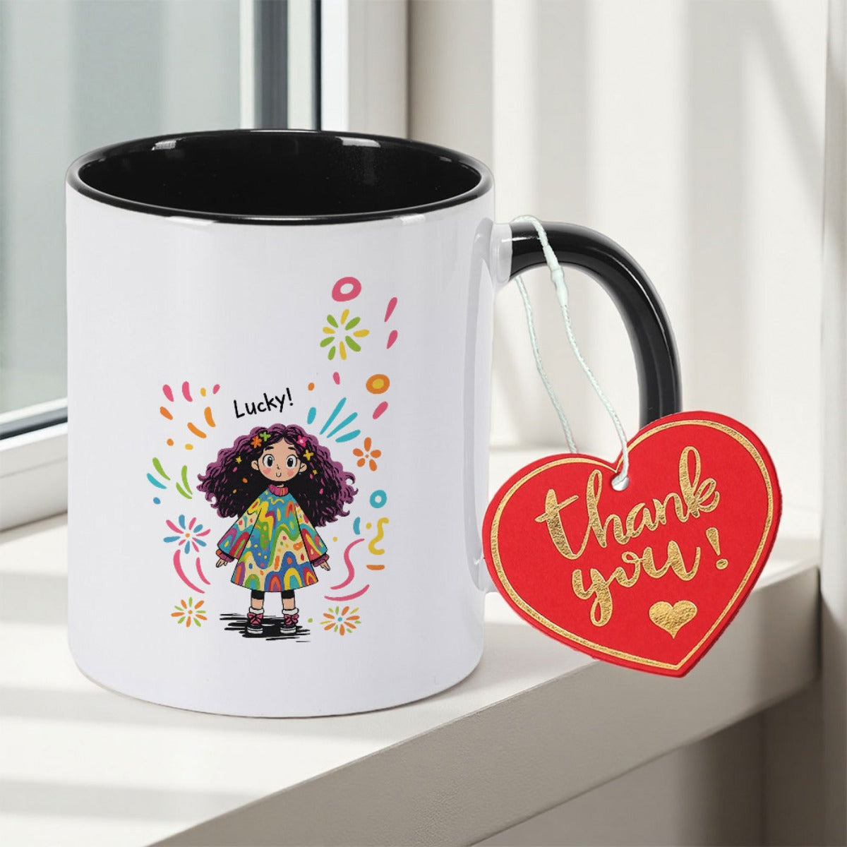 Tailorly Black Accent 11 oz Mug - Cartoon Girl Double Sided Print