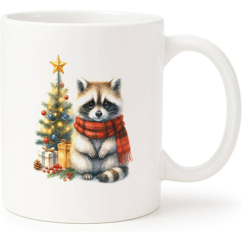 Tailorly White Ceramic 11 oz Mug - Adorable Festive Furry Creature Wearing Plaid Scarf Beside Decorated Christmas Tree Raccoon