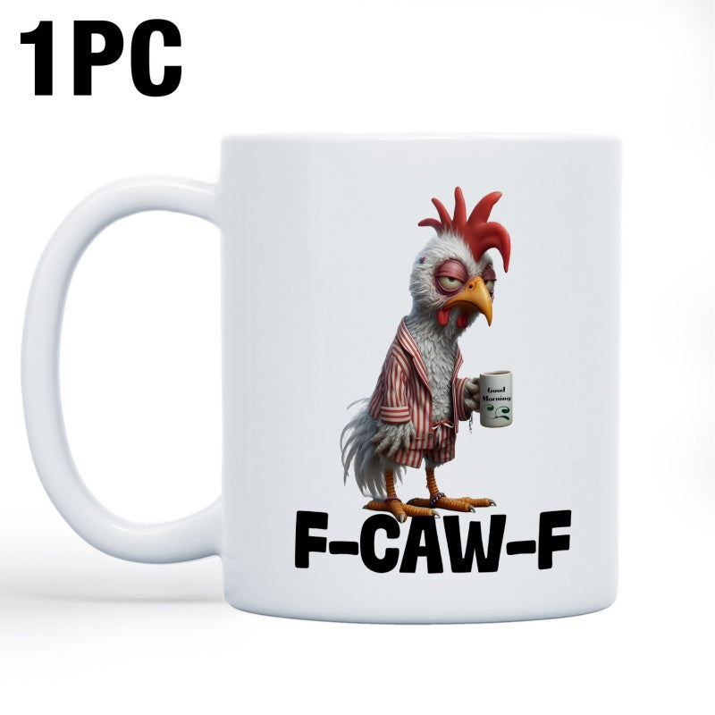 Tailorly White Ceramic 11 oz Mug - F CAW F Grumpy Morning Rooster Wearing Pink Pajamas Holding Small Coffee Mug Chicken