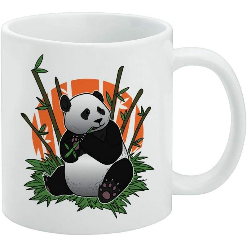 Tailorly White Ceramic 11 oz Mug - Sitting Peacefully On Grass Eating Green Bamboo Under Orange Sun Panda