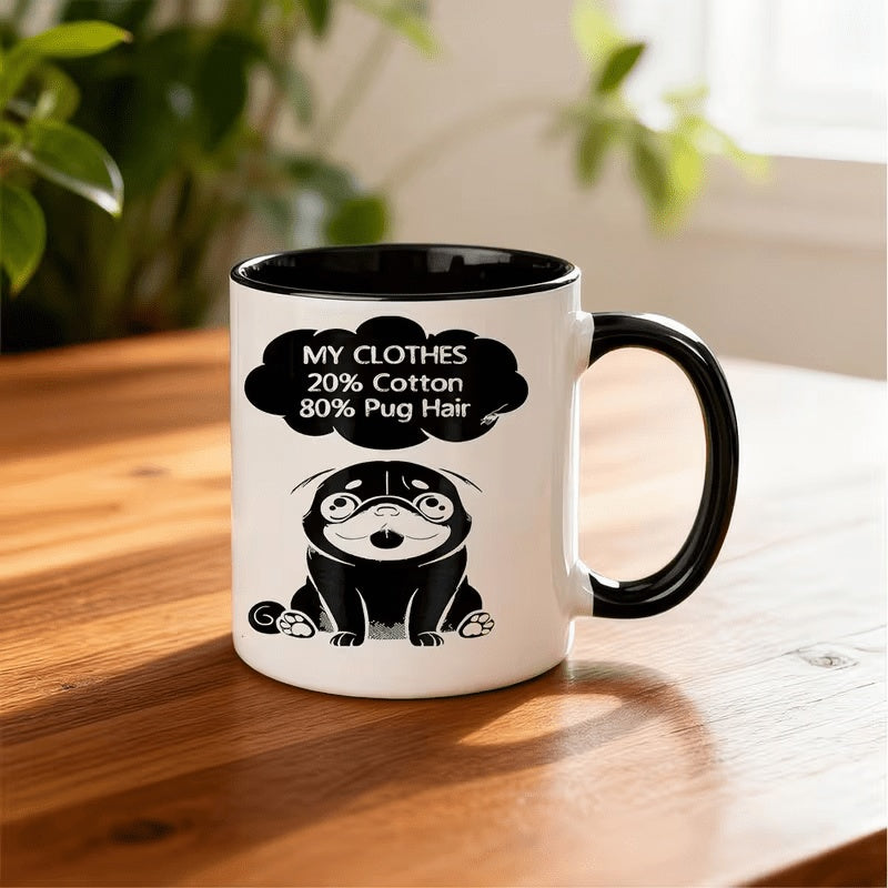 Tailorly Black Accent 11 oz Mug - Black and White Illustration of a Pug with a Bubble Saying MY