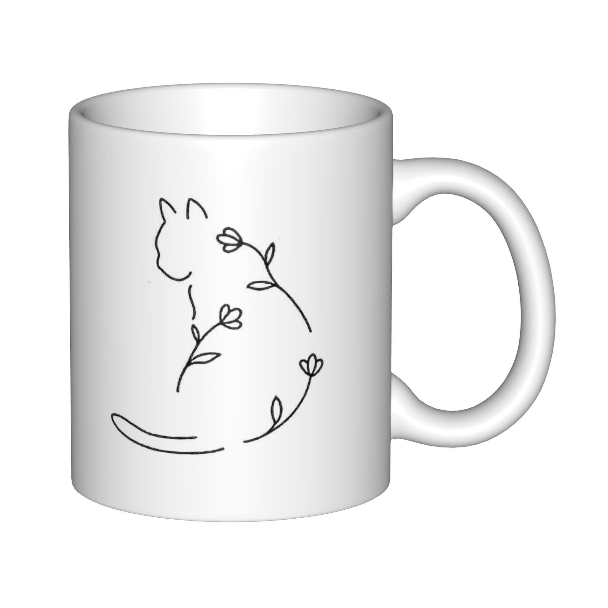 Tailorly White Ceramic 11 oz Mug - Minimalist Line Art Sitting With Botanical Flower Vine Elegant Cat