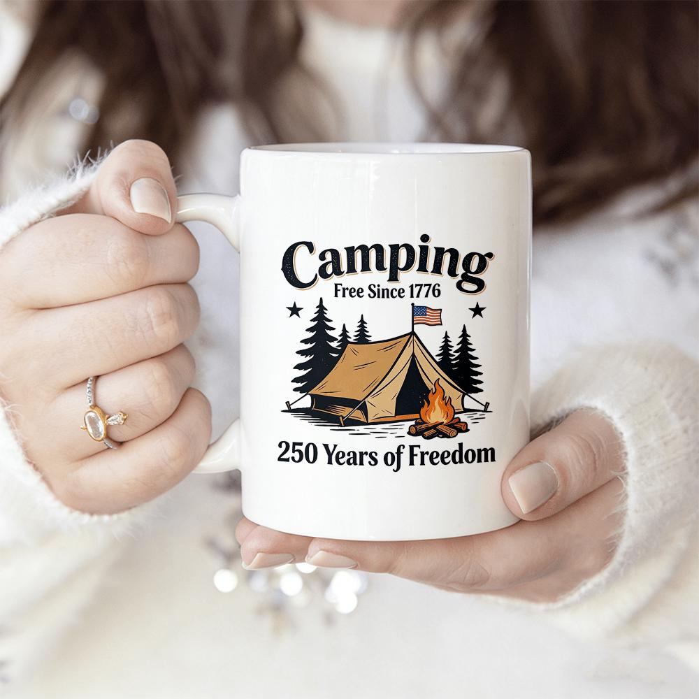 Tailorly White Ceramic 11 oz Mug - Camping Free Since 1776 250 Years Of Freedom Vintage Outdoor Design With Cozy Campfire And Pine Trees Under Stars Mug