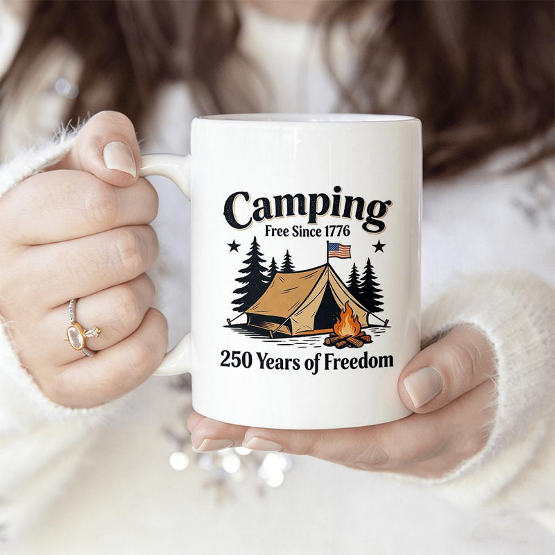 Tailorly White Ceramic 11 oz Mug - Camping Free Since 1776 250 Years Of Freedom Vintage Outdoor Design With Cozy Campfire And Pine Trees Under Stars Mug