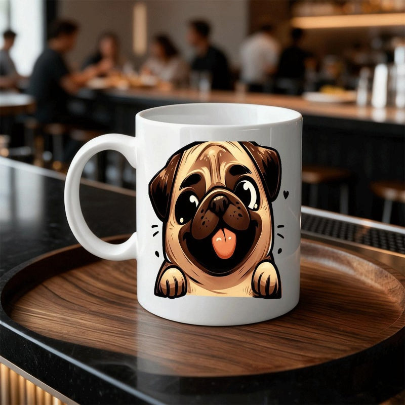 Tailorly White Ceramic 11 oz Mug - Happy Cartoon Dog With Big Eyes And Paws Peek Above Pug