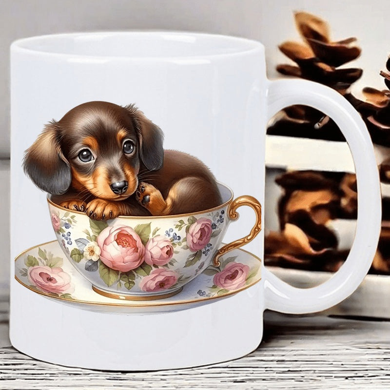Tailorly White Ceramic 11 oz Mug - Adorable Little Puppy Sitting Inside A Vintage Floral Rose Design Teacup Dachshund