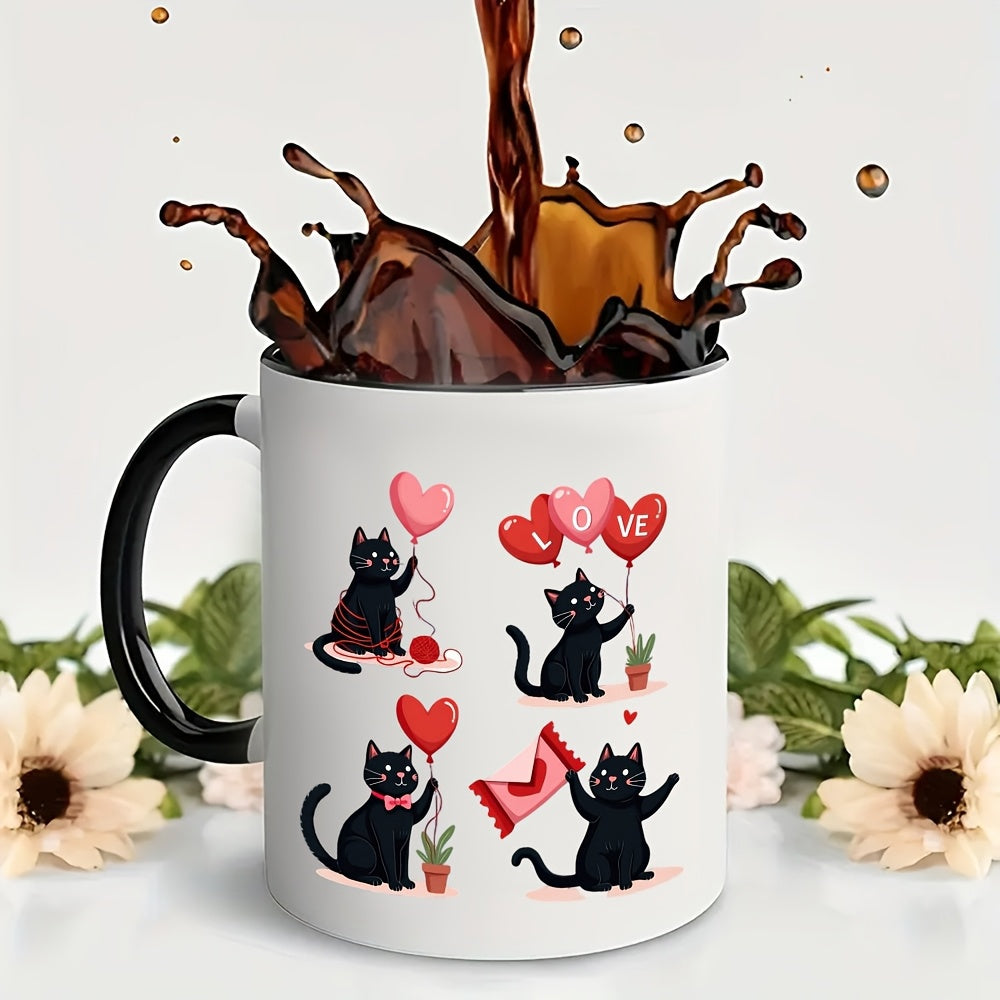 Tailorly Black Accent 11 oz Mug - cute black cat with heart shaped balloons