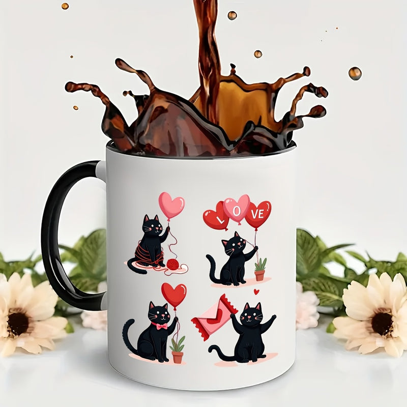 Tailorly Black Accent 11 oz Mug - cute black cat with heart shaped balloons
