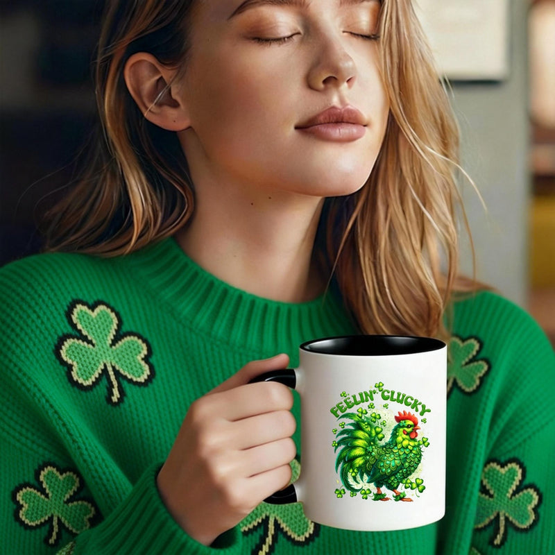 Tailorly Black Accent 11 oz Mug - green rooster clover text