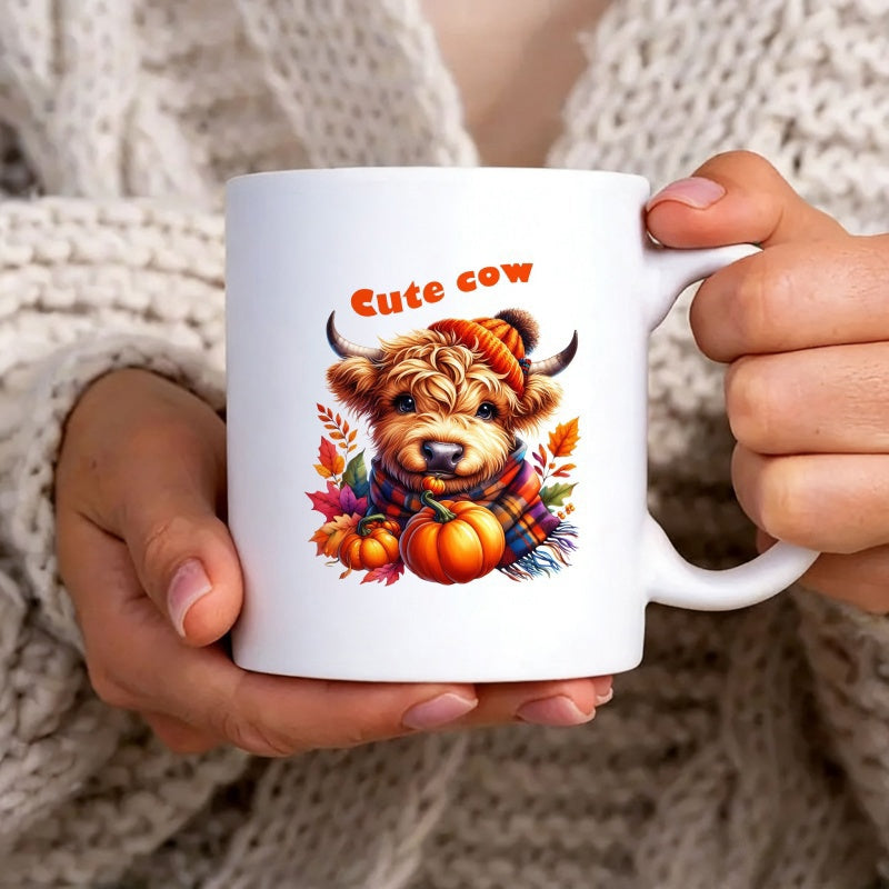 Tailorly White Ceramic 11 oz Mug - Cute Cow Adorable Highland Cow Wearing Knitted Hat And Scarf Among Autumn Pumpkins Cow
