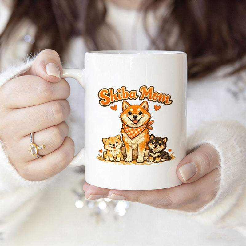 Tailorly White Ceramic 11 oz Mug - Shiba Mom Happy Cartoon Dogs Sitting Together Surrounded By Little Hearts Shiba