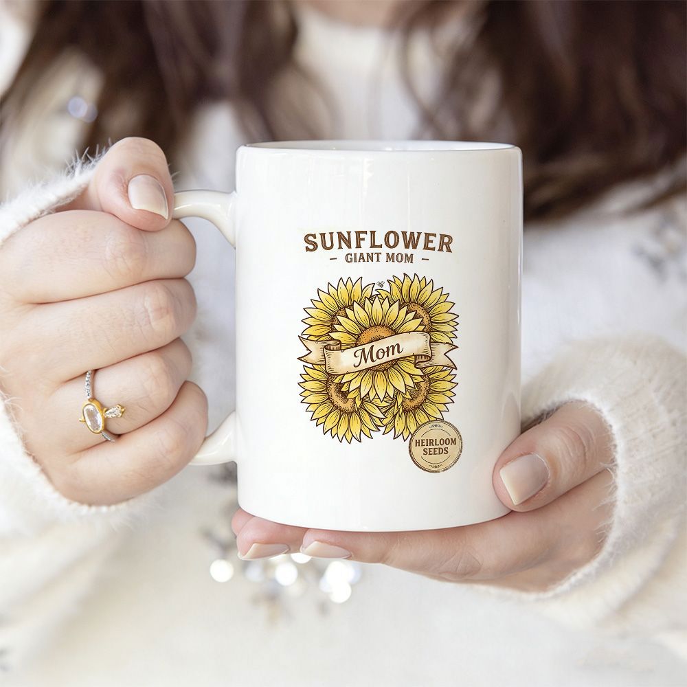 Tailorly White Ceramic 11 oz Mug - Sunflower Crazy Mom Artistic Group Of Yellow Sunflowers With Elegant Ribbon Banner Sunflower