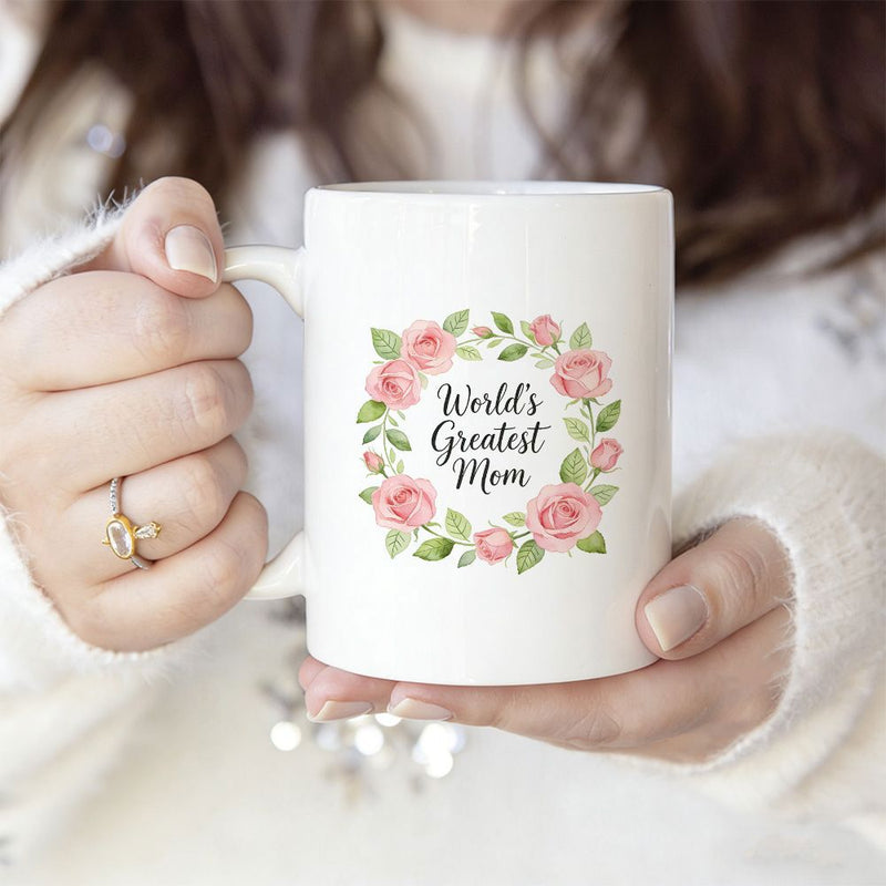 Tailorly White Ceramic 11 oz Mug - World's Greatest Mom Elegant Pink Roses And Green Leaves In A Circular Floral Wreath Mug
