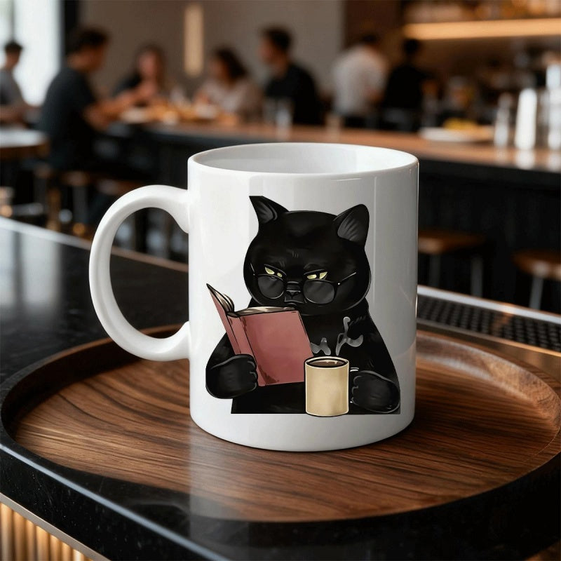 Tailorly White Ceramic 11 oz Mug - Studious Grumpy Black Feline Reading Red Book With Hot Steaming Coffee Cat