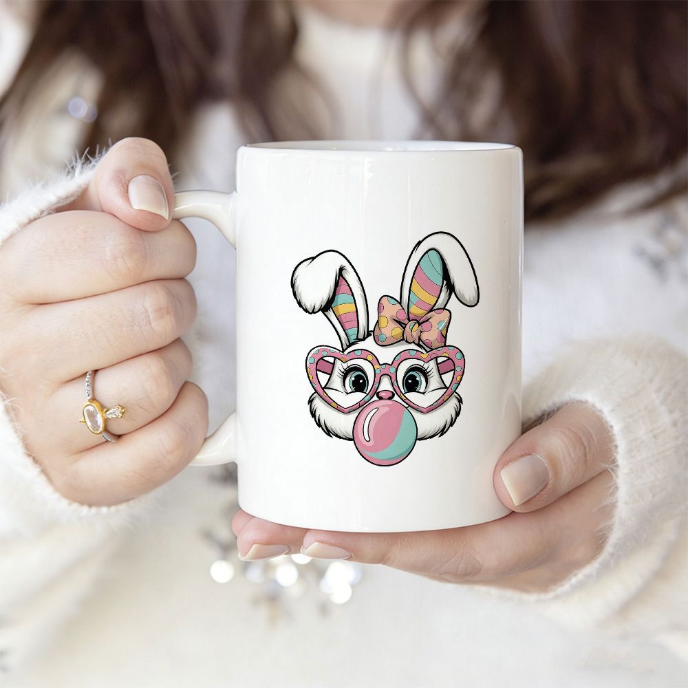 Tailorly White Ceramic 11 oz Mug - Cute White Bunny Wearing Heart Glasses Blowing Pink Bubble Gum Rabbit