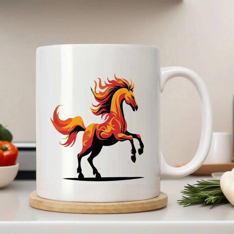 Tailorly White Ceramic 11 oz Mug - Powerful Rearing Stallion Covered In Vibrant Glowing Orange And Red Flames Horse