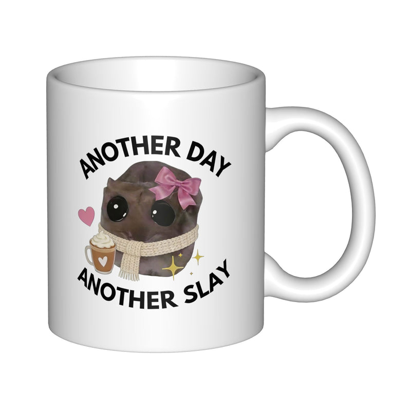 Tailorly White Ceramic 11 oz Mug - Another Day Another Slay Adorable Little Brown Pug Wearing Pink Bow And Cream Scarf Pug