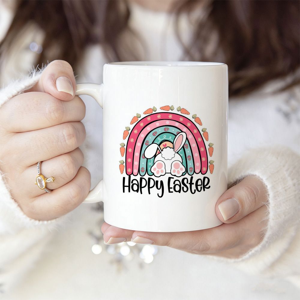 Tailorly White Ceramic 11 oz Mug - Happy Easter Colorful Boho Style Rainbow Featuring Tiny Carrots And Cute Tail Bunny