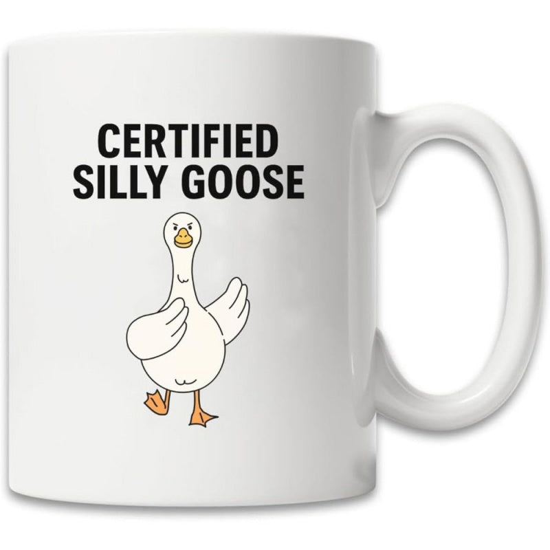 Tailorly White Ceramic 11 oz Mug - Certified Silly Goose Hand Drawn White Cartoon Bird Walking On Empty Background Goose