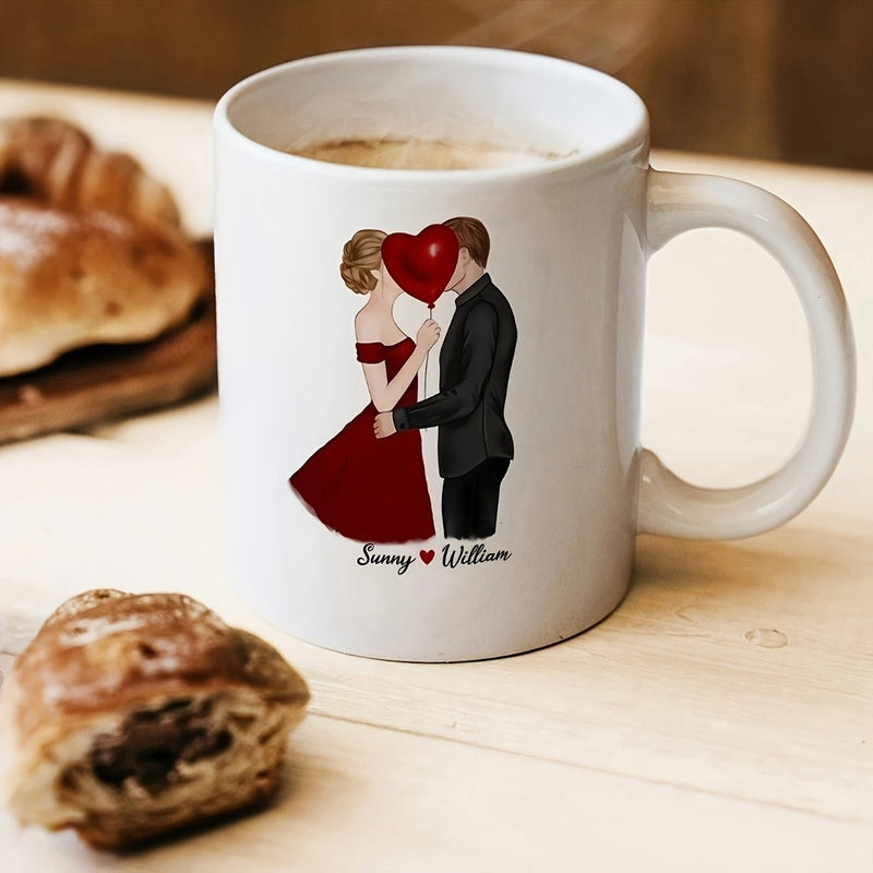 Tailorly White Ceramic 11 oz Mug - Sammy William Romantic Couple Sharing A Secret Kiss Behind A Heart Balloon Couple