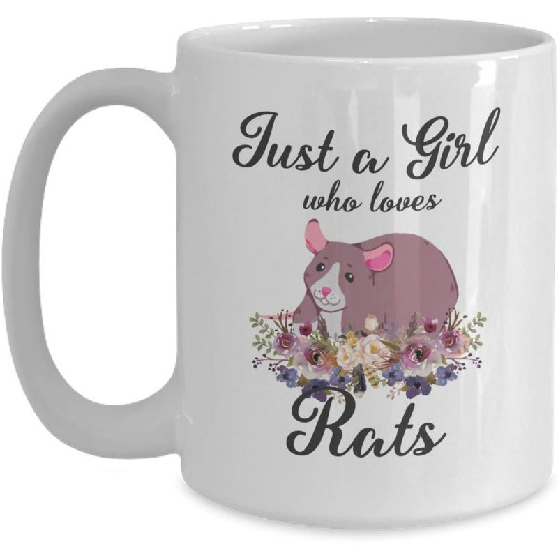 Tailorly White Ceramic 11 oz Mug - Just A Girl Who Loves Rats Cute Cartoon Rodent Resting Among Elegant Purple Floral Bouquets Rat