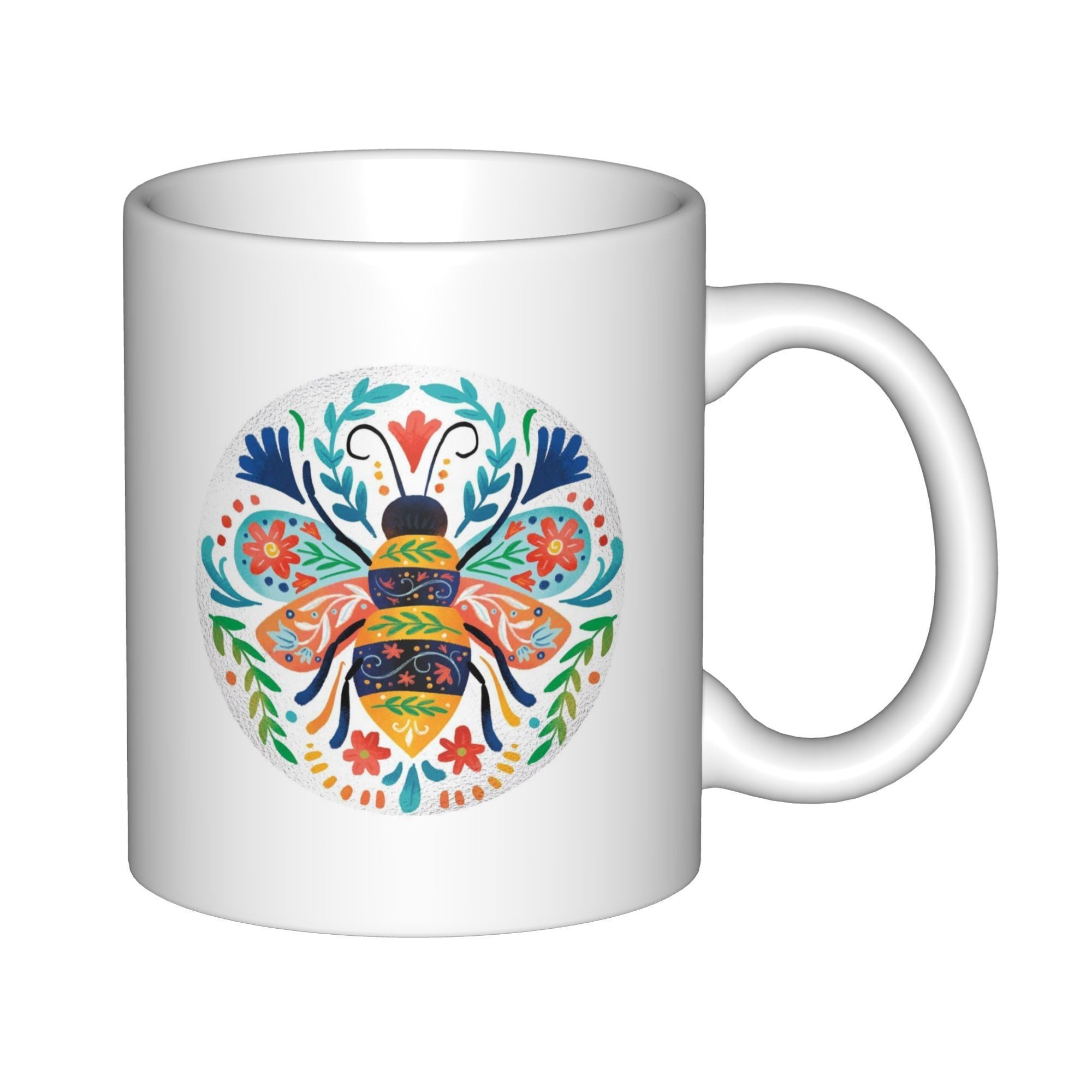 Tailorly White Ceramic 11 oz Mug - Vibrant Folk Art Style With Floral Patterns And Botanical Leaves Bee