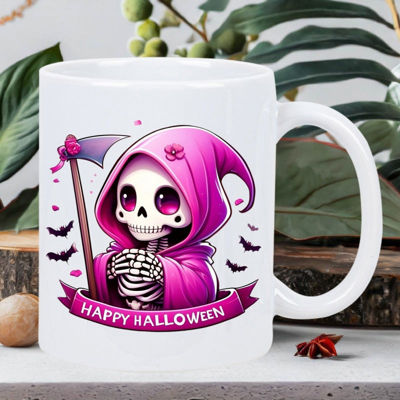 Tailorly White Ceramic 11 oz Mug - Happy Halloween Adorable Pink Hooded Figure Holding Scythe With Flying Bats Spooky Reaper