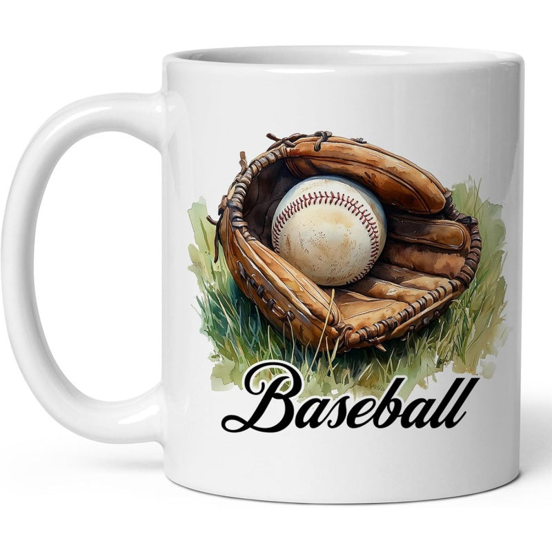 Tailorly White Ceramic 11 oz Mug - Baseball Vintage Brown Leather Glove Resting On Soft Green Grass Baseball