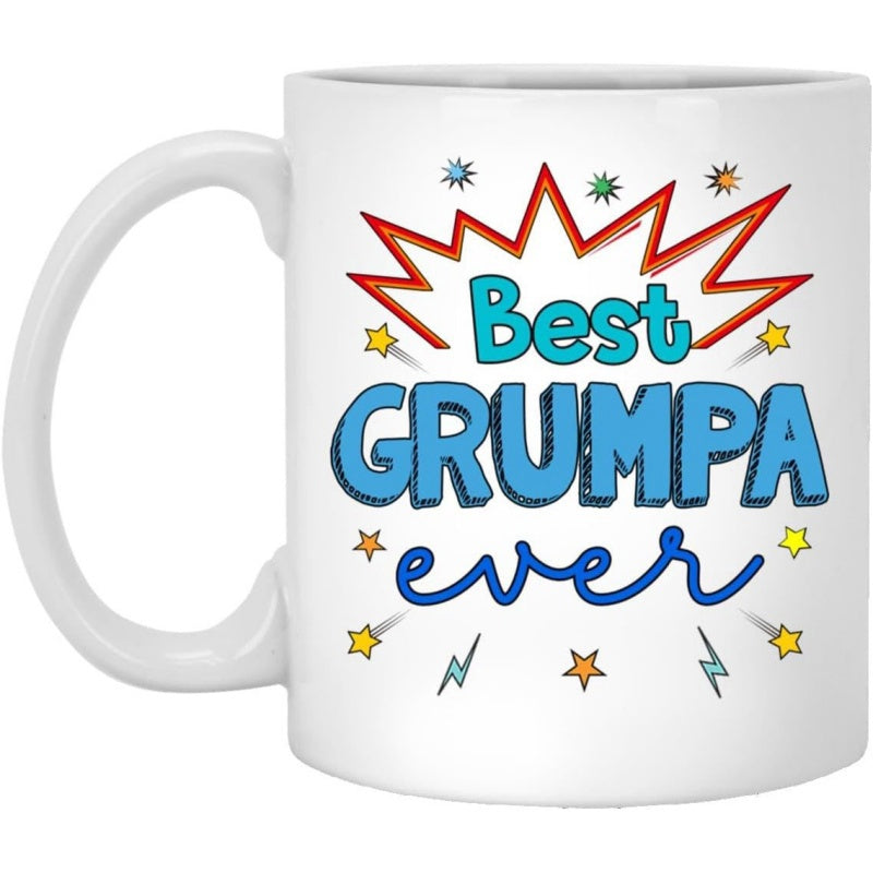 Tailorly White Ceramic 11 oz Mug - Best Grumpa Ever Vibrant Comic Style Burst With Colorful Stars And Lightning Bolts Grumpa