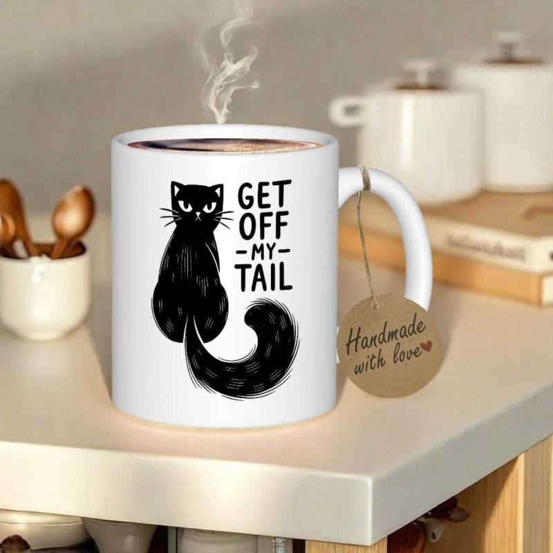 Tailorly White Ceramic 11 oz Mug - Get Off My Tail Grumpy Black Feline With Long Curved Furry Tail Cat
