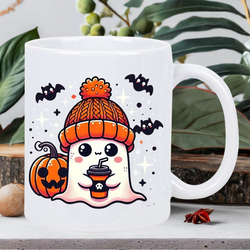 Tailorly White Ceramic 11 oz Mug - Adorable Halloween Character Wearing Knitted Beanie Featuring Pumpkin And Bats Ghost