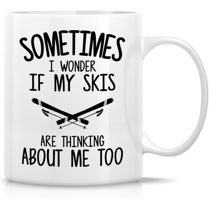 Tailorly White Ceramic 11 oz Mug - Sometimes I Wonder If My Skis Are Thinking About Me Too Simple Minimalist Crossed Ski Poles With Bold Black Artistic Silhouette