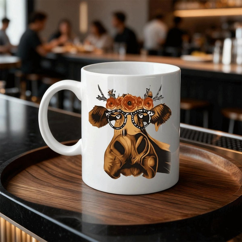 Tailorly White Ceramic 11 oz Mug - Artistic Brown Cow Wearing Stylish Glasses And A Vibrant Autumn Floral Crown Cow