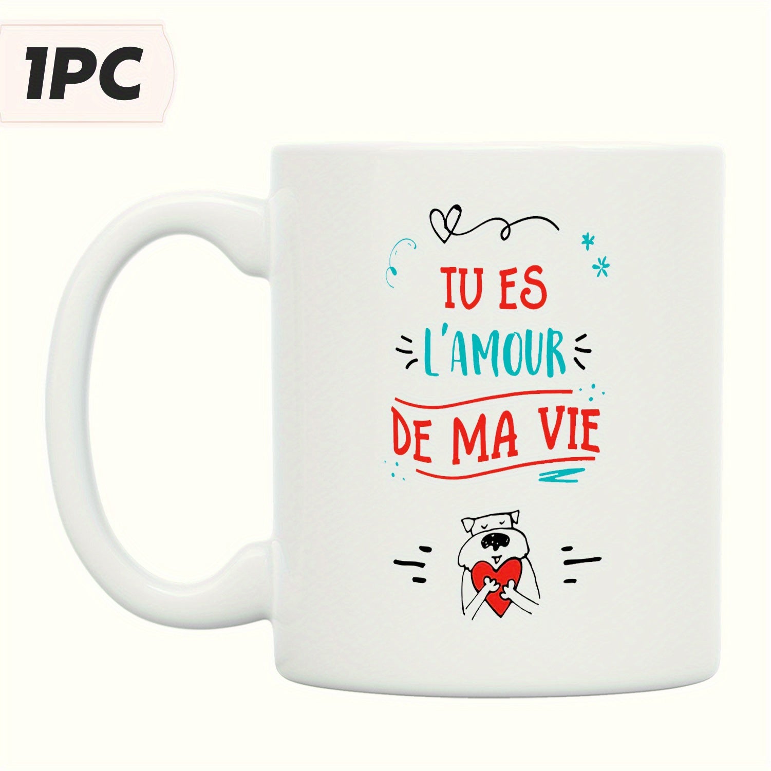 Tailorly White Ceramic 11 oz Mug - Sweet Cartoon Dog Holding Bright Red Heart With Festive Decorative Lines Mug