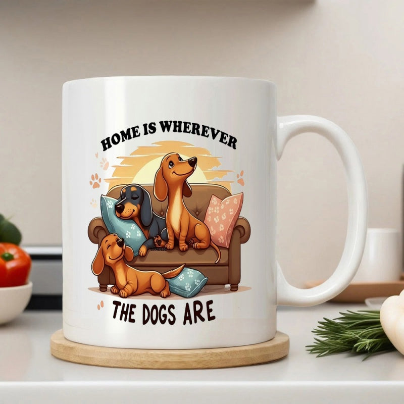 Tailorly White Ceramic 11 oz Mug - Home Is Wherever The Dogs Are Cozy Brown Sofa Sitting Under A Warm Golden Sunset Cute Dachshund Dog