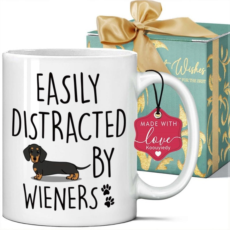 Tailorly White Ceramic 11 oz Mug - Easily Distracted By Wieners Adorable Small Sausage Dog Illustration With Cute Little Black Paw Prints Dachshund