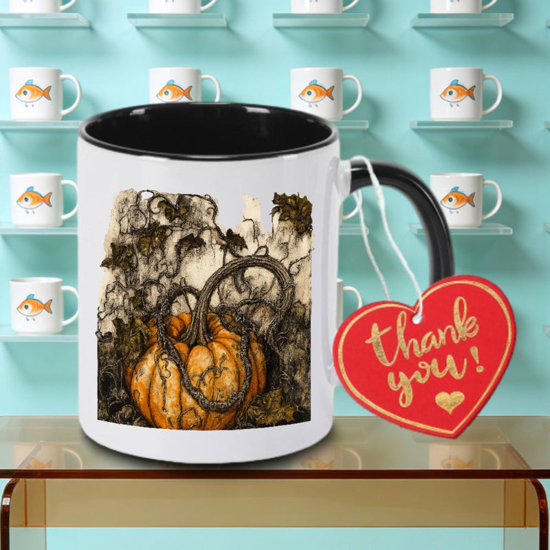 Tailorly Black Accent 11 oz Mug - Rustic Harvest Design with Pumpkins And Vines